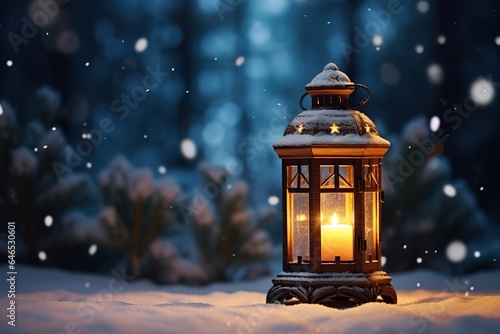 Christmas lantern with candle  background and snow  the burning candle