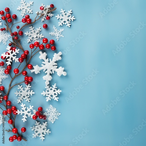 Christmas background with snowflakes, Christmas tree branches and red berries, winter festive composition with copy space