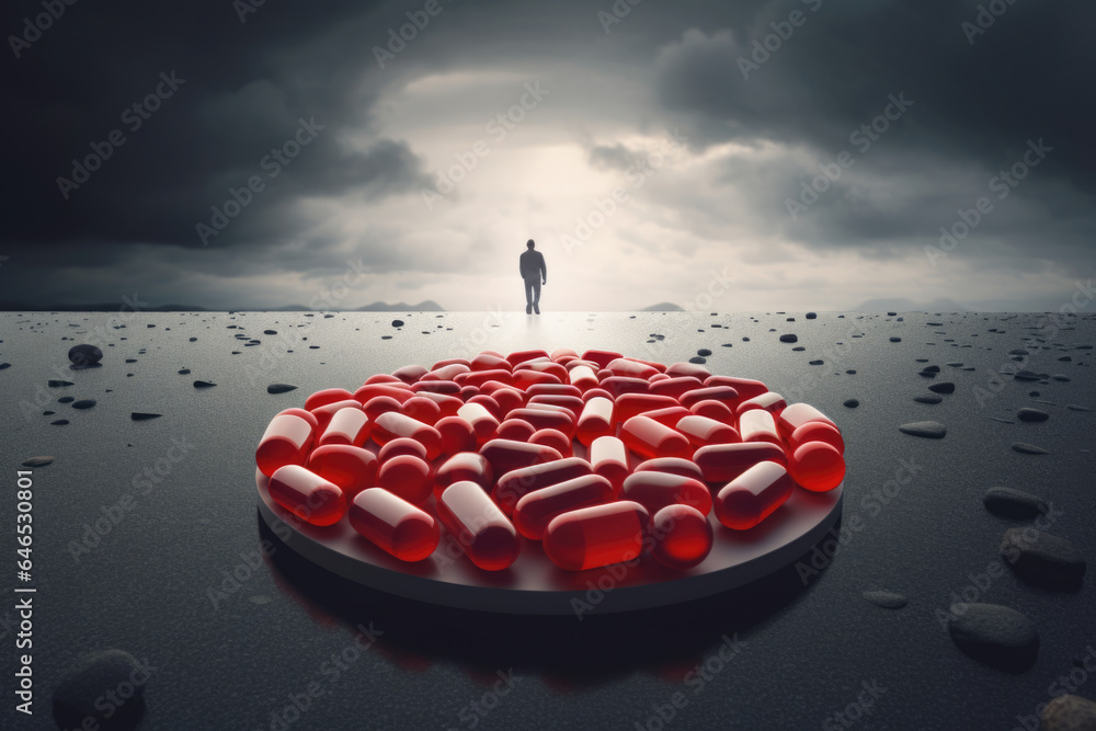 Drug Addiction Concept, Red Capsule Pills with Man Standing in Distance, Generative AI - obrazy, fototapety, plakaty 