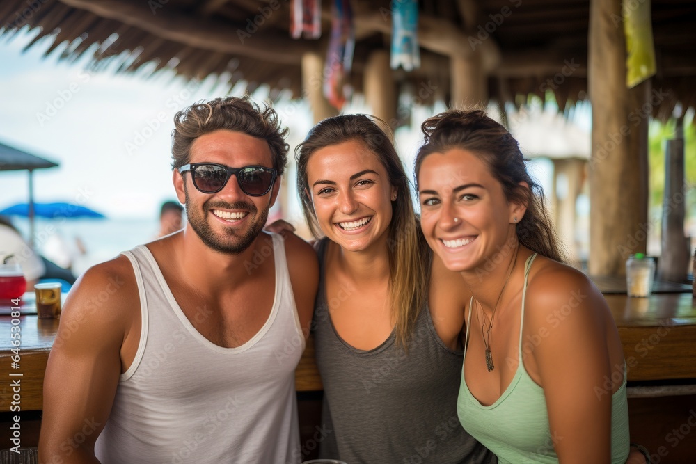 three friends at a beach bar smiling and happy enjoying each others company