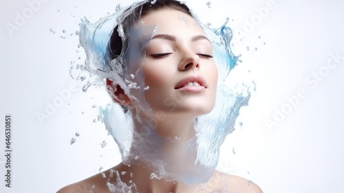 Pretty young woman and splash of water on light background. Cosmetology concept