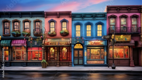 A bustling urban street corner with vibrant storefronts, each adorned with unique window displays