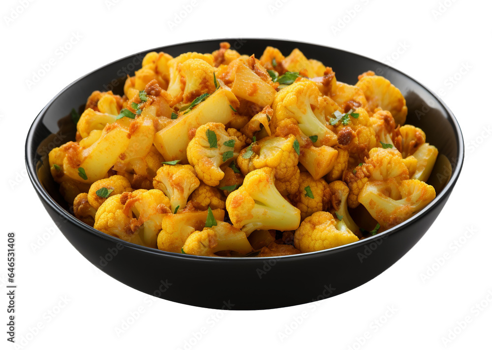 Indian food Aloo Gobi on transparent background. Generative AI. Indian food Aloo Gobi on transparent background. Generative AI.