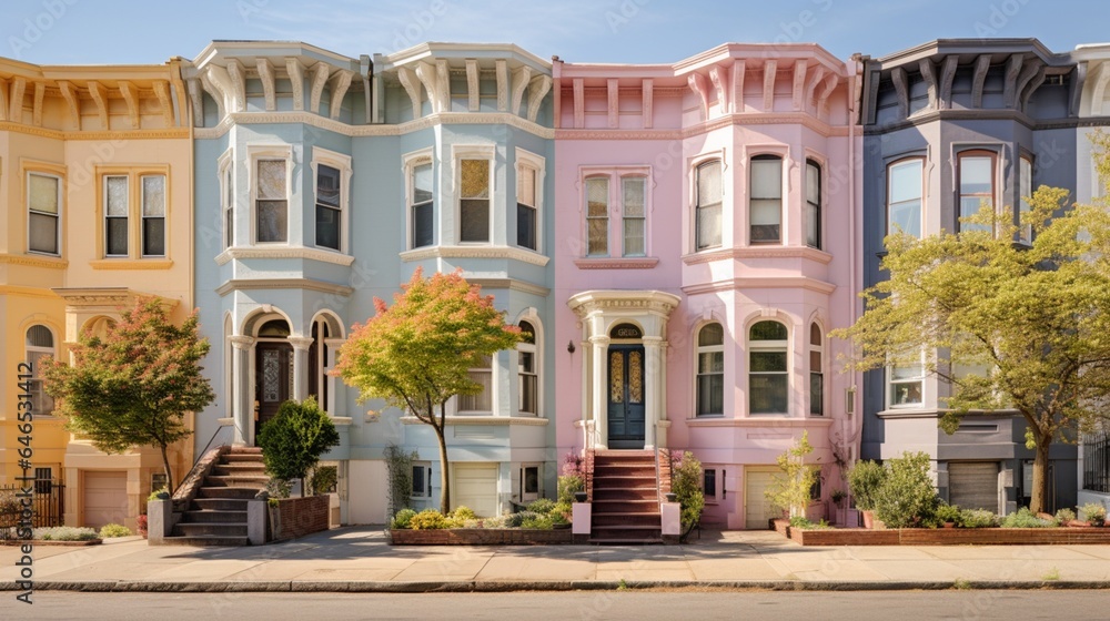 A charming row of pastel-colored townhouses, each with a unique front garden