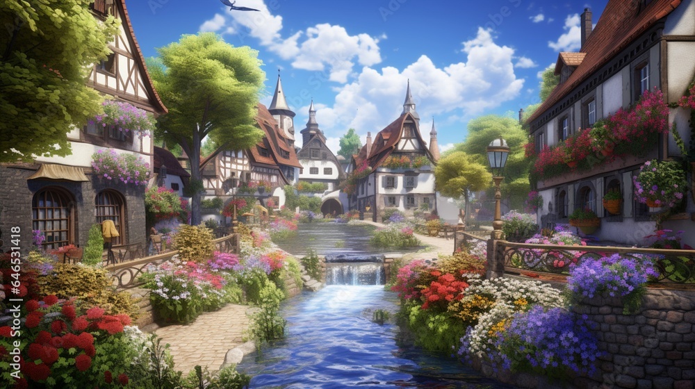 a charming riverside village, with historic watermills, colorful flowers, and the tranquil flow of a river as it passes through