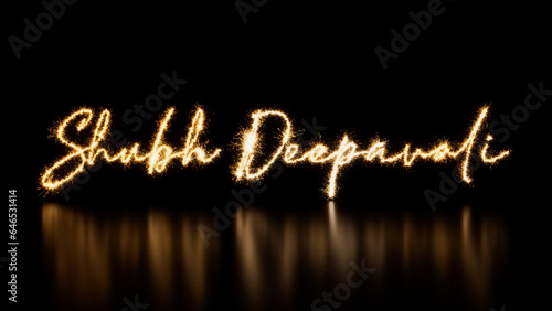 Gold Sparkler Firework Text with Shubh Deepavali Caption on Black. Holiday Banner with copy space. photo