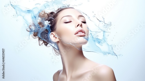 Pretty young woman and splash of water on light background. Cosmetology concept