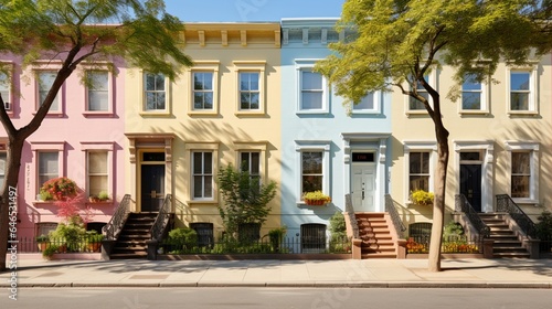 A charming row of pastel-colored townhouses, each with a unique front garden © ra0