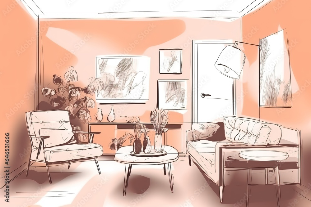 sketch of a room with furniture. Generative AI sketch of a room with furniture. Generative AI