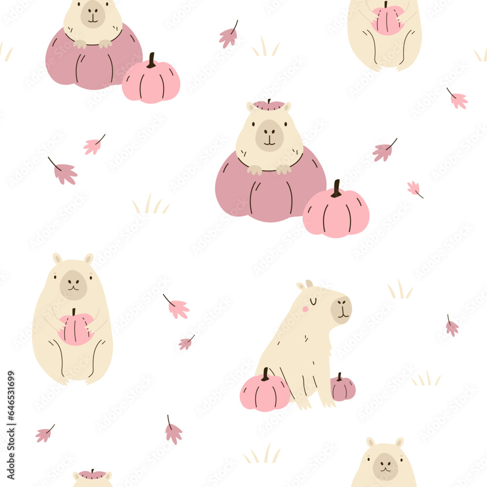 Seamless pattern with cute capybaras an pumpkins.Seamless pattern with cute capybaras and pumpkins.