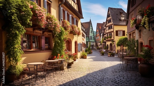 a charming village square in a Bavarian town, with timber-framed buildings, flower-filled balconies, and the cozy charm © ra0