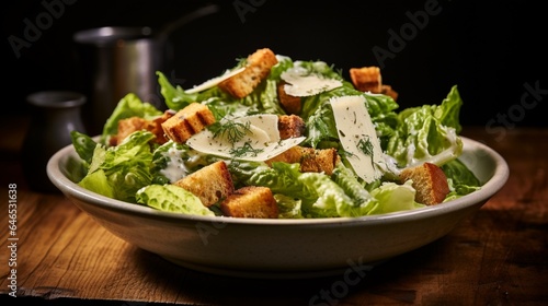 A classic caesar salad, featuring crisp lettuce and creamy dressing