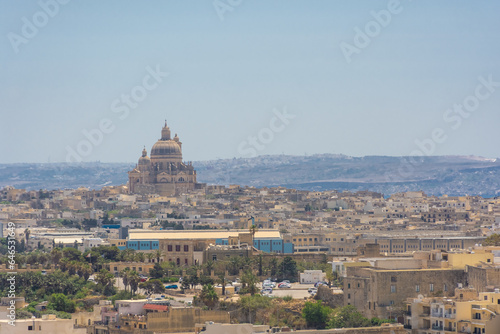 Cathedral of Gozo and the city of Victoria from above, Malta