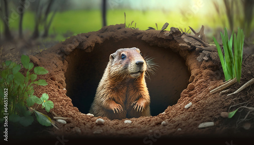 the groundhog crawled out of the hole, spring came groundhog day. Generative AI, photo