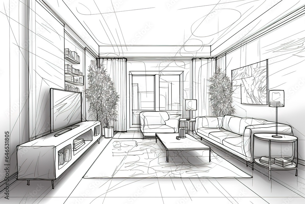 sketch of a room with furniture. Generative AI sketch of a room with furniture. Generative AI