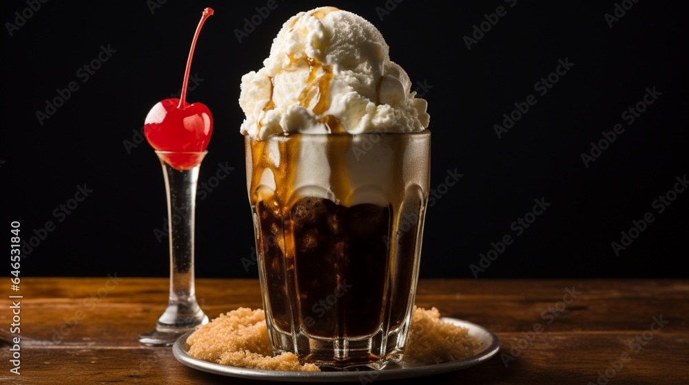 A classic root beer float, the soda cascading over a scoop of vanilla