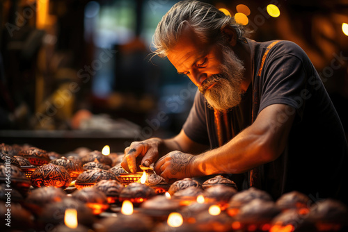 Diwali oil lamp artistry. Intricate designs and cultural symbolism. 