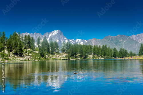Beautiful reflection of the Mont Blanc on the Arpy Lake, Aosta Valley, Italy