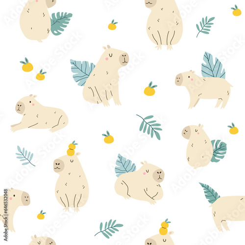 Seamless pattern with cute capybaras and tropical leaves