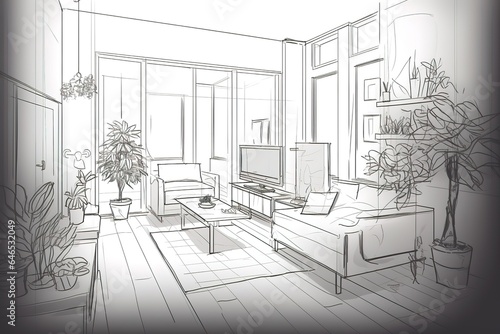 sketch of lving room with fireplace. Generative AI