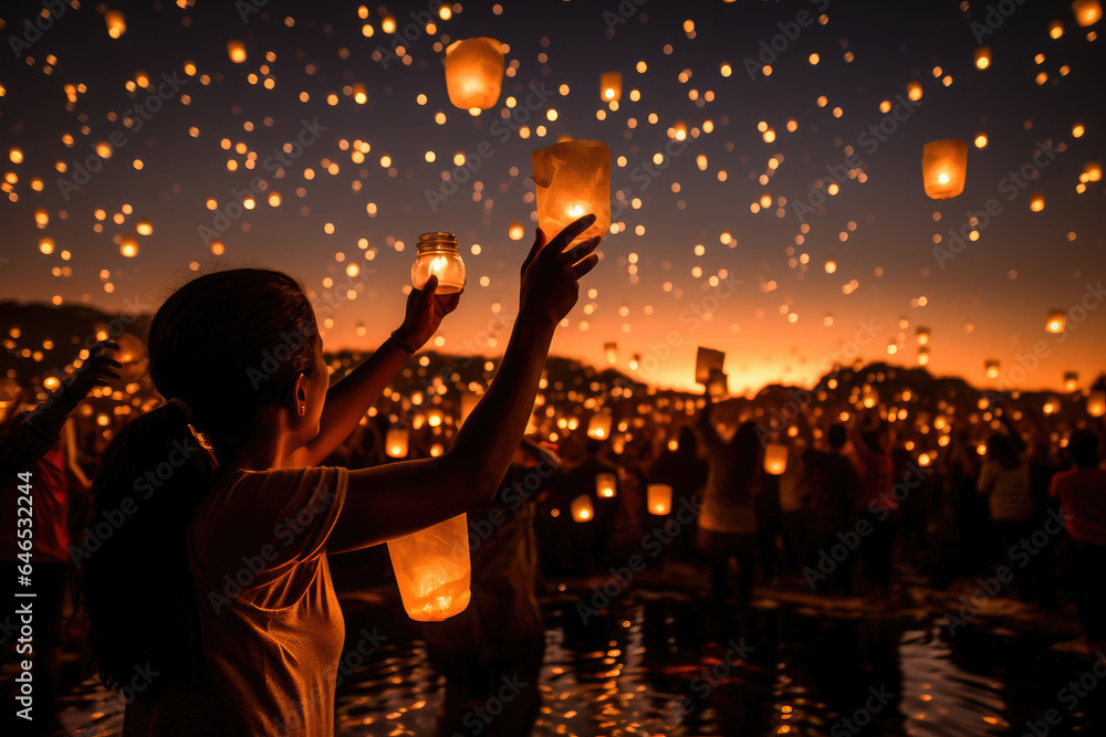Captivating Diwali lantern release. Paper lanterns float against the