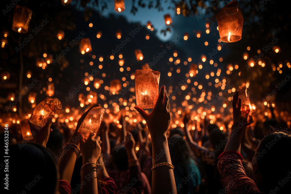 Release lanterns in the night sky. Glowing lanterns, celebration. Stock