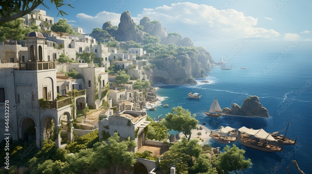 a coastal cliffside village, with whitewashed houses, dramatic cliffs, and the breathtaking views of the sea below
