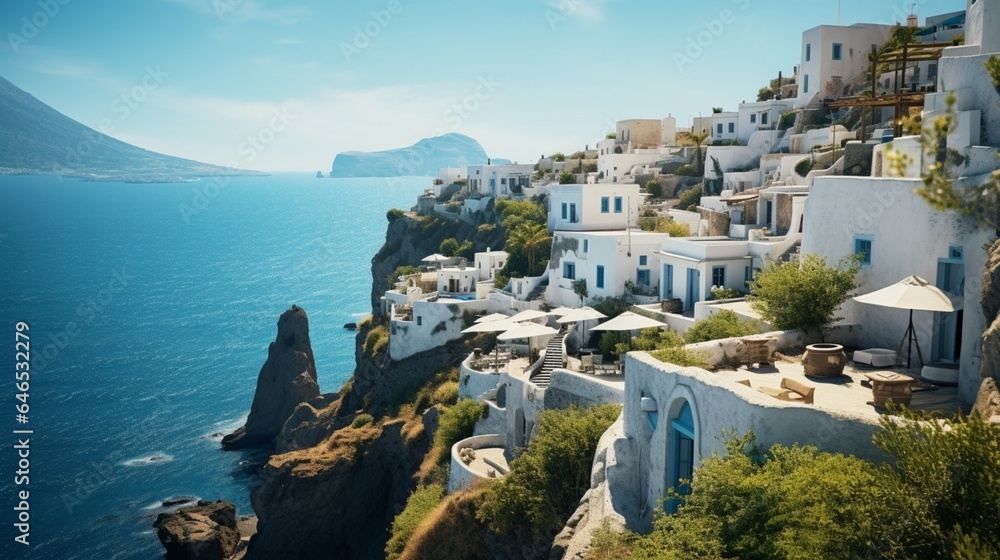 a coastal cliffside village, with whitewashed houses, dramatic cliffs, and the breathtaking views of the sea below - obrazy, fototapety, plakaty 
