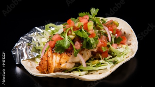 A close-up of a zesty fish taco, bursting with flavor and fresh salsa