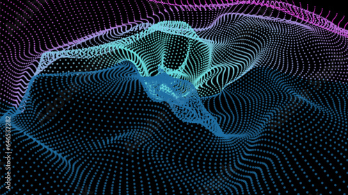 Energy net flows. Dot particle lines penetrating fog. Neon lights plexus of knots. Curved node row space infinity. Linking funnel universe parameters. Background information technology presentation.