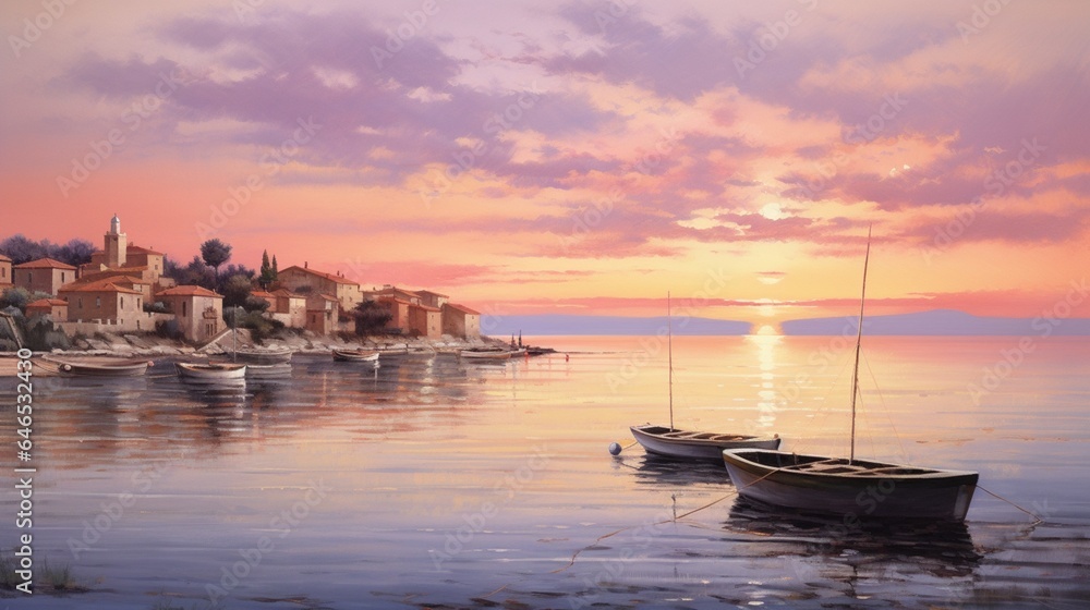 a coastal village at dawn, with fishing boats setting out to sea, pastel skies, and the tranquil beauty of early morning