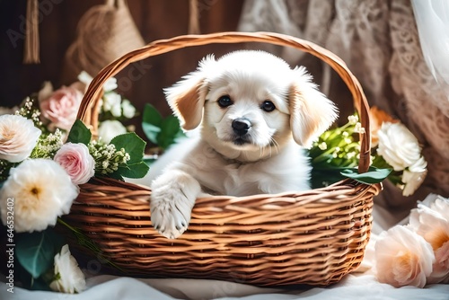 In a room filled with soft, diffused light, a white little cute puppy rests inside a beautifully decorated basket. AI Genwerative