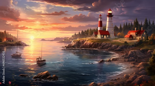 a coastal village at sunset, with lighthouses, seagulls, and the serene beauty of maritime evenings