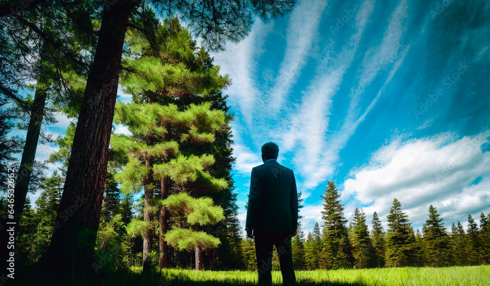 Young man standing on the edge of the forest and looking at the valley Young man standing on the edge of the forest and looking at the valley