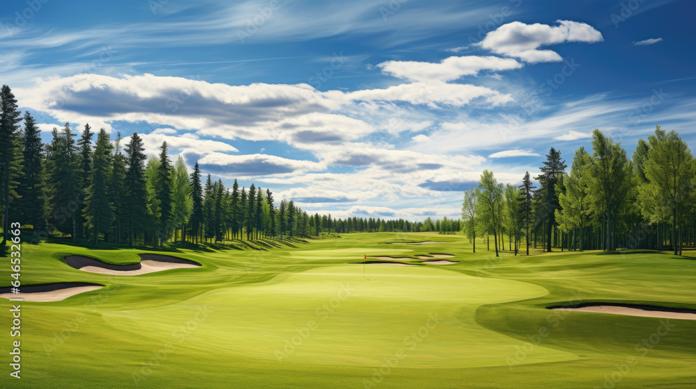Fototapeta premium Golf field at a sunny day. Generative AI
