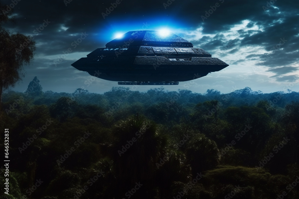 Sci-fi and fantasy concept. UFO and extraterrestrial ships flying over Mexico pyramids in jungles during night and glowing blue light. Generative AI