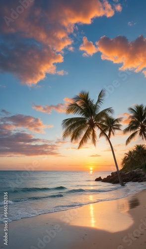 beach with palms  palm trees on the beach  sunset on the beach  fantastic beach scene