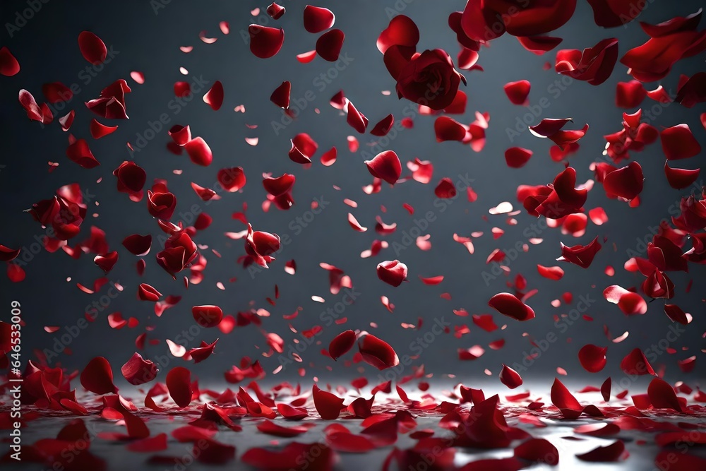  3D rendering of a cascade of red rose petals falling gently from above. Capture the mesmerizing beauty of the petals as they create a romantic and immersive scene