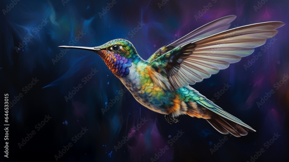 A curious hummingbird hovering mid-flight, its iridescent feathers glistening
