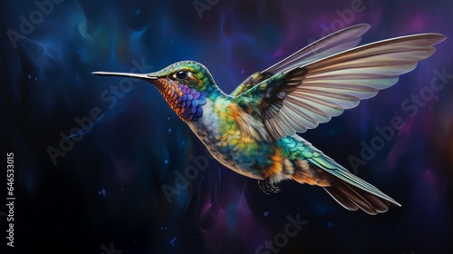 A curious hummingbird hovering mid-flight, its iridescent feathers glistening © ra0