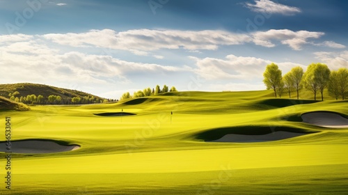Golf field at a sunny day. Generative AI