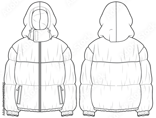 Hooded Puffer jacket design flat sketch Illustration front and back view vector template, Quilted  Hoodie Puffa winter Jacket for men and women
