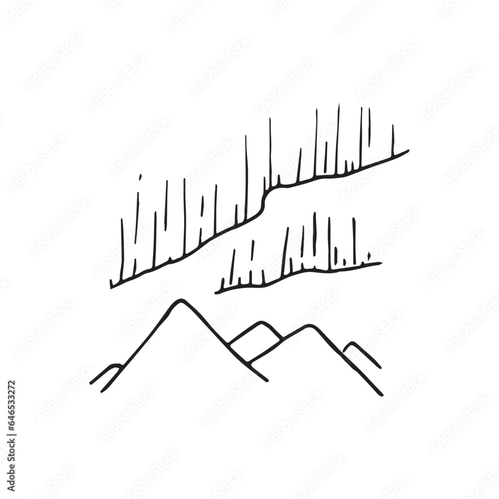 Obraz premium Handdrawn landscape element, Nature, Drawing, mountains and polar lights