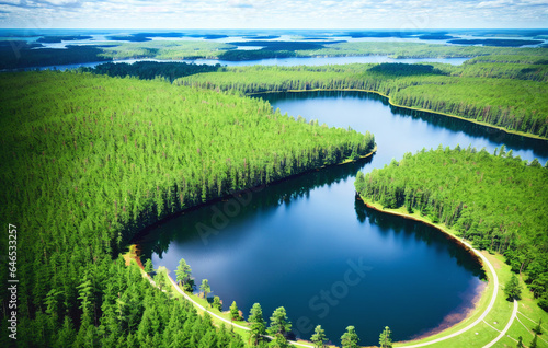 Aerial view of beautiful lake and forest in sunny summer day.