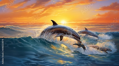 A family of playful dolphins leaping joyfully out of sparkling ocean waves © ra0