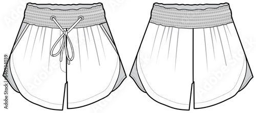 Boxing shorts front and back view flat sketch fashion illustration, running Jogger short drawing vector template