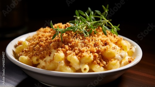 A gourmet macaroni and cheese, garnished with breadcrumbs