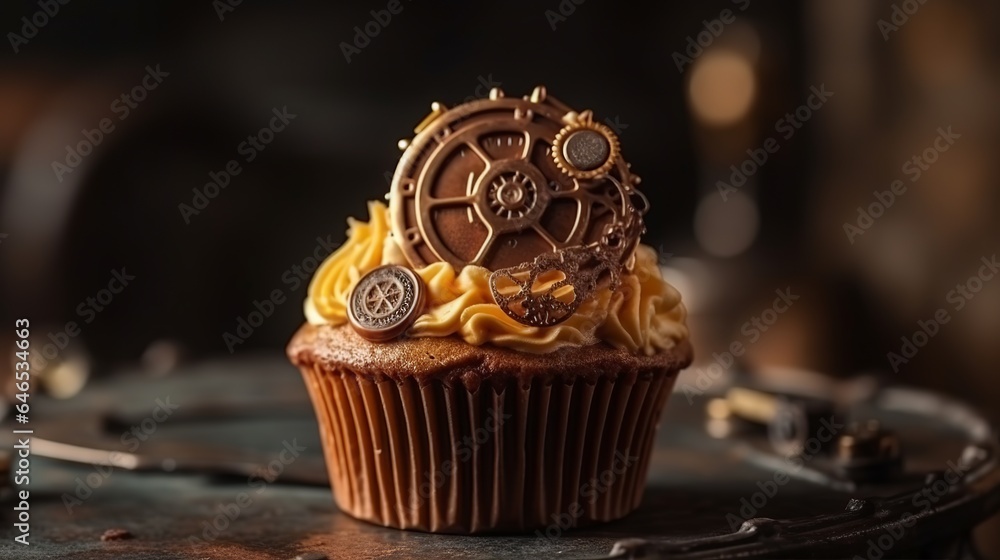 steampunk cake, Victorian dessert, mechanical confection, gears and cogs, clockwork pastry, vintage sweets, retro-futuristic baking, fantasy cake, industrial revolution treat, generative ai