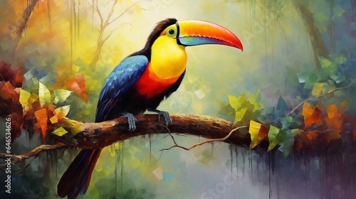 A group of colorful toucans perched on a branch, their beaks vibrant