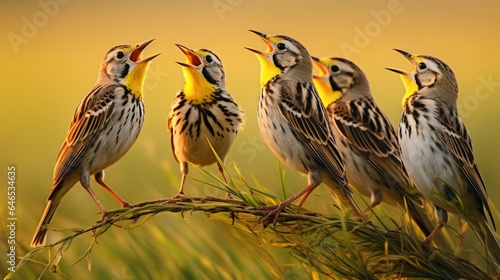A group of meadowlarks perched on swaying prairie grass, singing in harmony photo